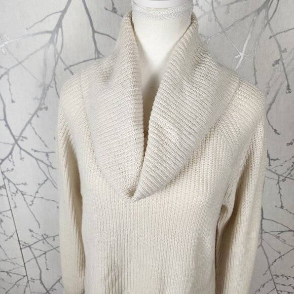 Tahari Ivory Fisherman Rib 55% Merino Wool Cowl Neck Sweater - Picture 2 of 6